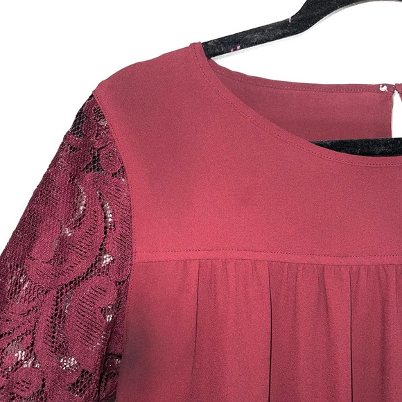Ann Taylor LOFT Maroon Sheer Lace Sleeve Contrast Blouse Xsmall Women’s - Picture 3 of 12